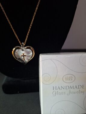 Glass Baron Gold Tone Necklace With Glass Heart And Cross